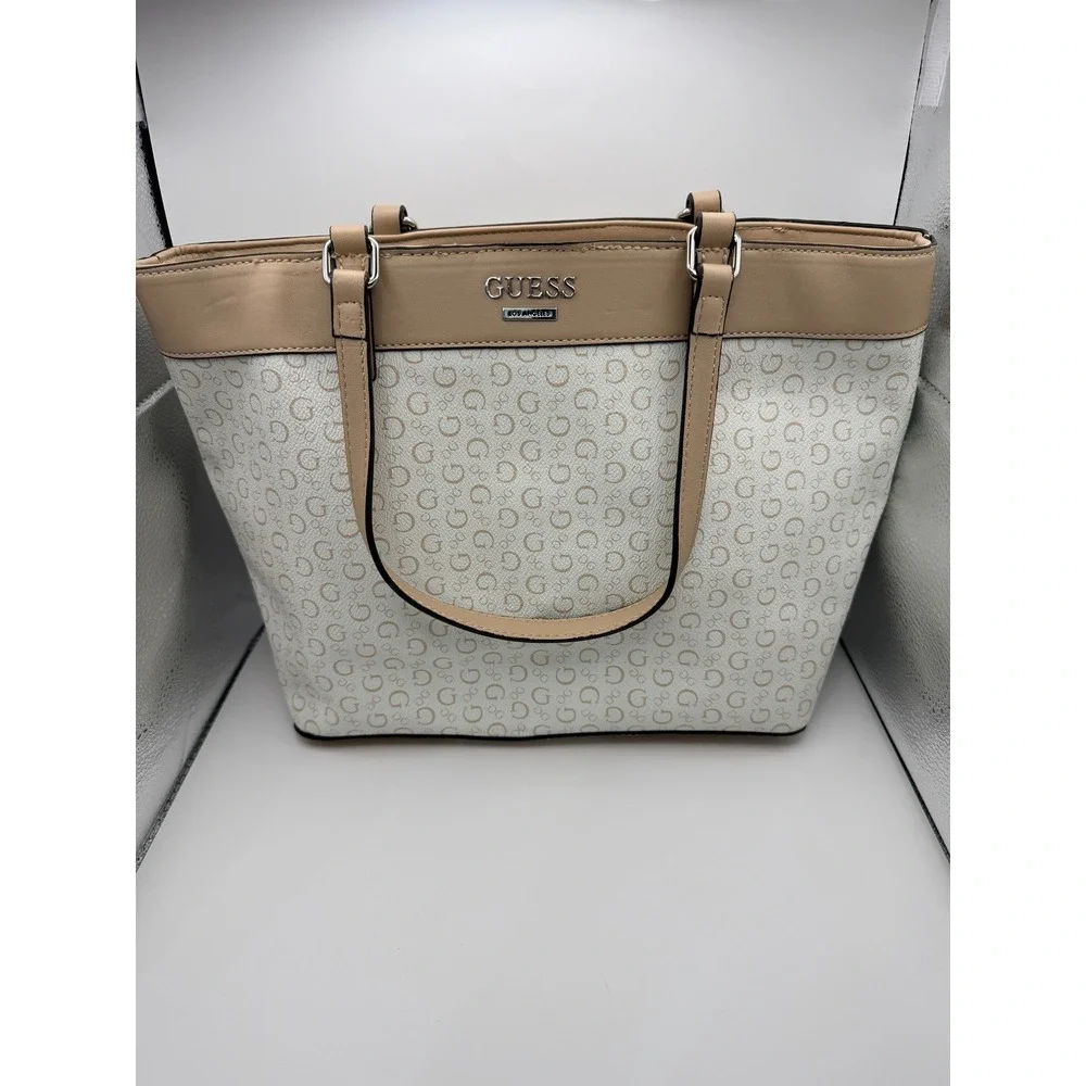 GUESS Tote Bag Womens Large Cream Tan Good Monogram Logo Print Shoulder Bag